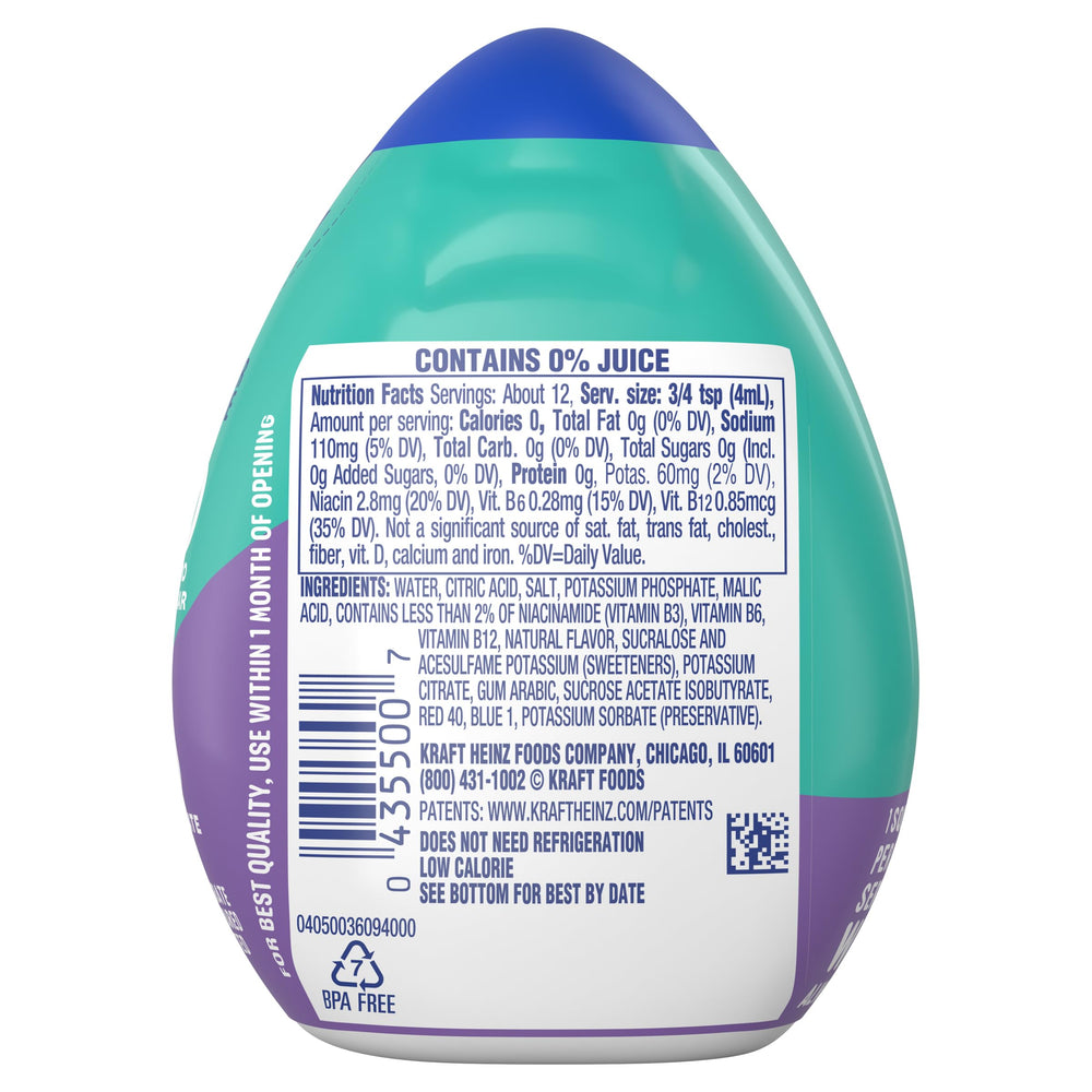 Close-up of MiO Sport Arctic Grape drops squeezed into water for flavor.