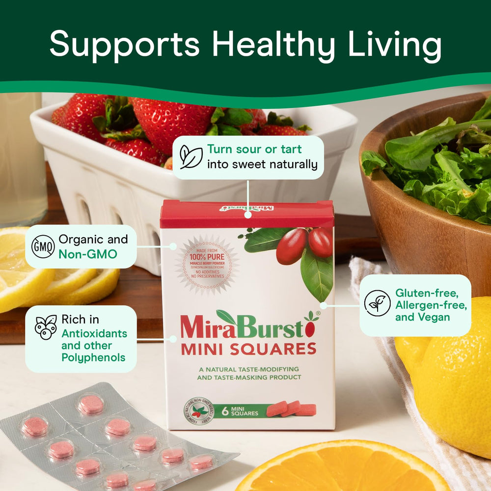MiraBurst Mini Squares in detox juices for a sweeter, sugar-free cleanse.