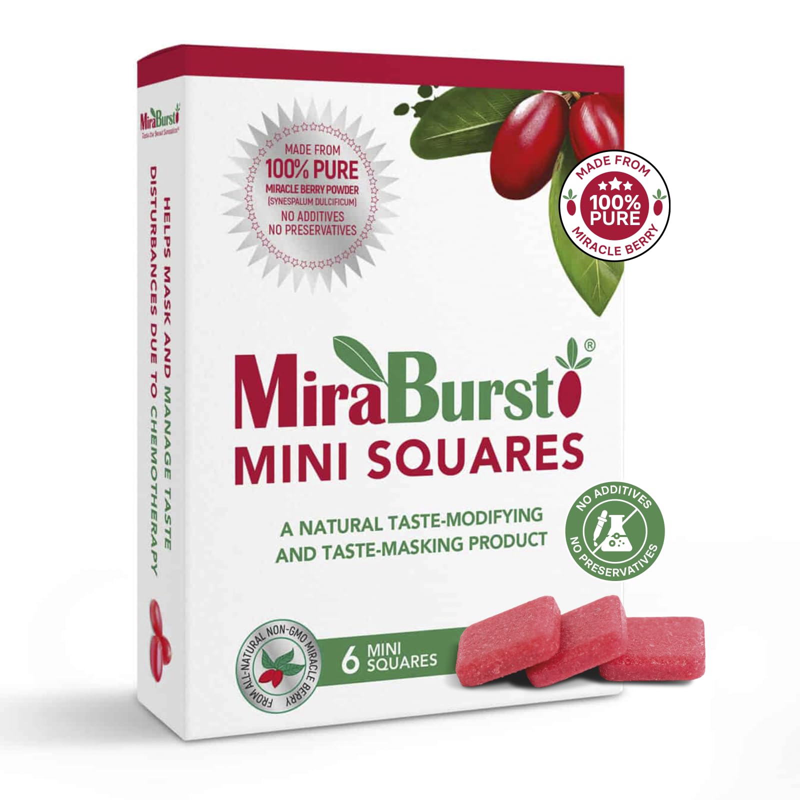 MiraBurst Mini Squares on tongue transforming sour flavors into sweetness without sugar.
