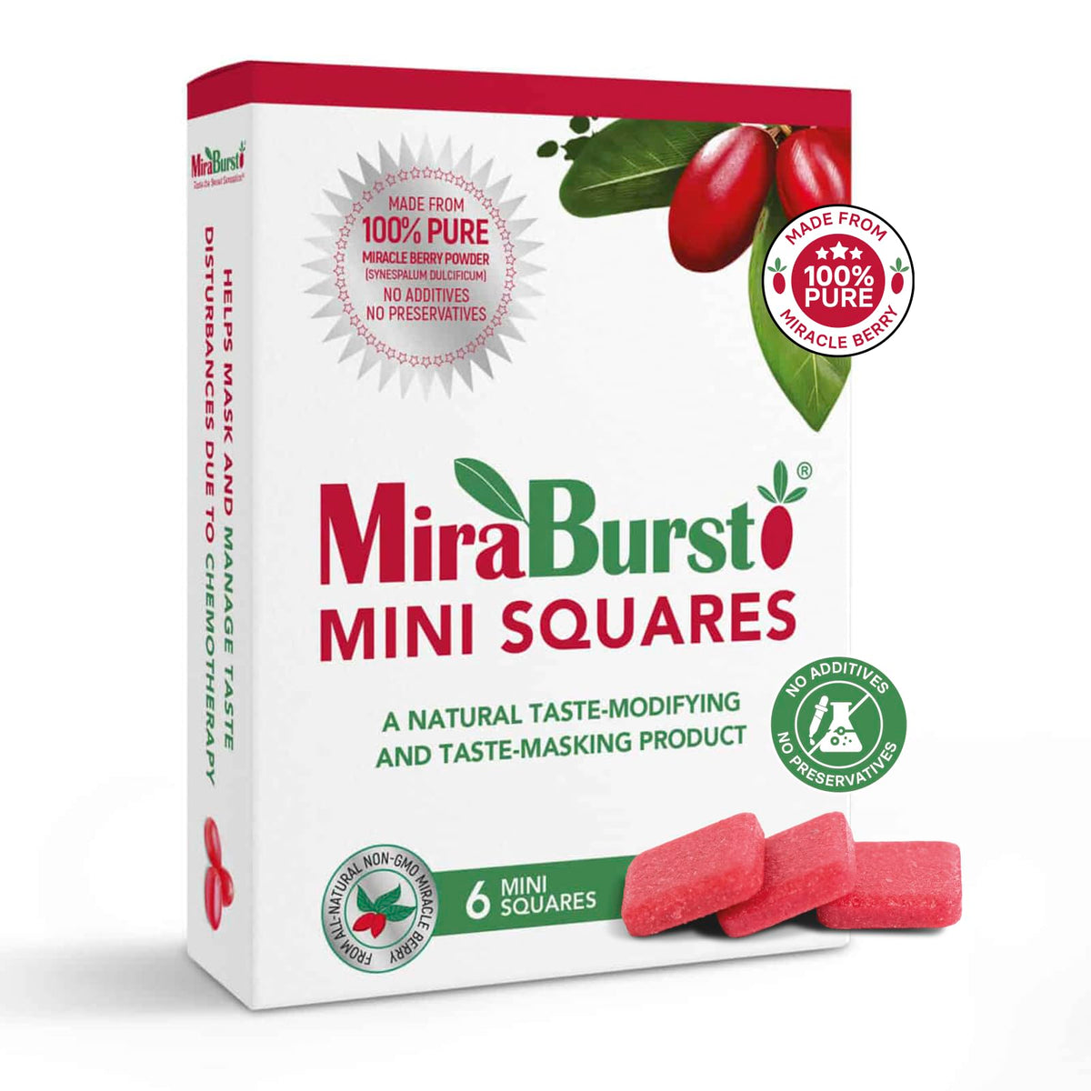 MiraBurst Mini Squares on tongue transforming sour flavors into sweetness without sugar.