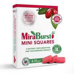 MiraBurst Mini Squares on tongue transforming sour flavors into sweetness without sugar.