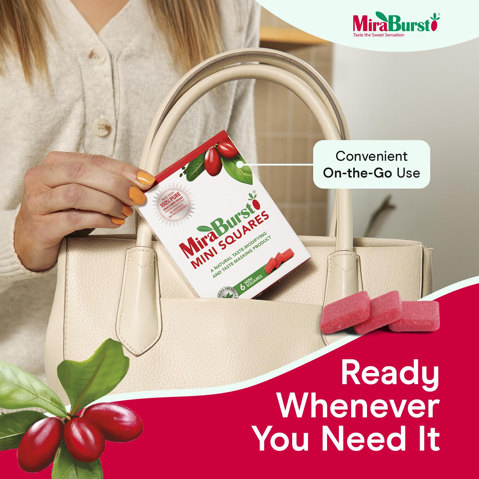 MiraBurst Mini Squares packaging and display highlighting convenient on-the-go use.