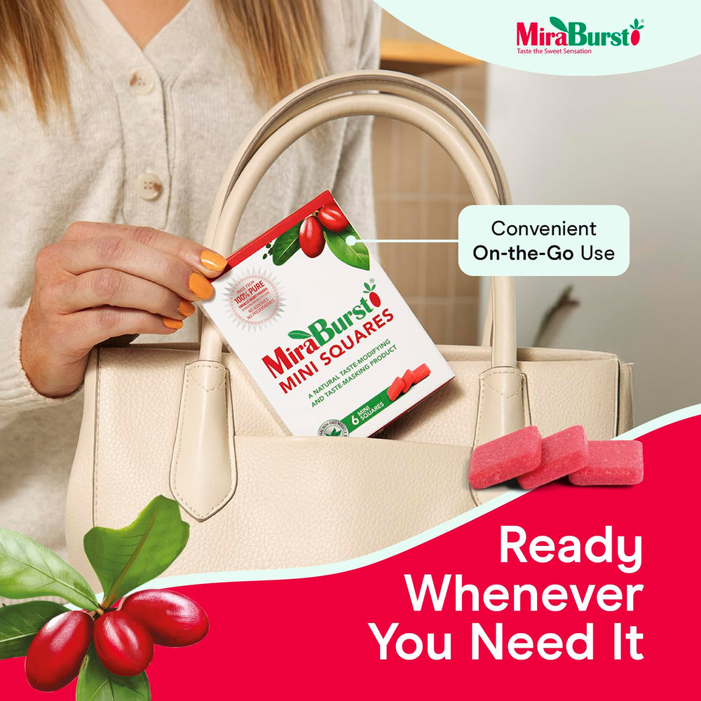 MiraBurst Mini Squares packaging and display highlighting convenient on-the-go use.