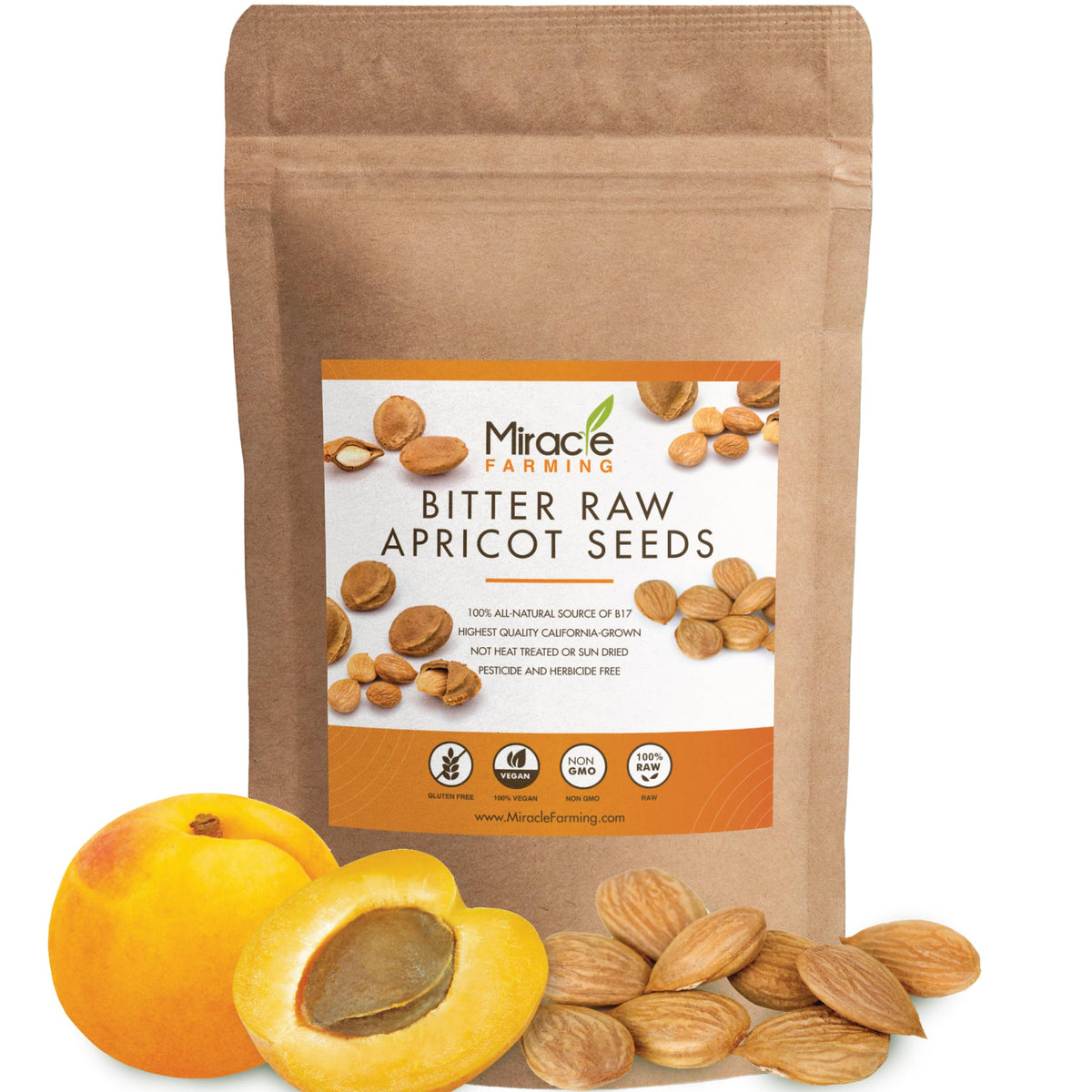 Miracle Farming bitter apricot seeds in a 1 lb resealable pouch for freshness.