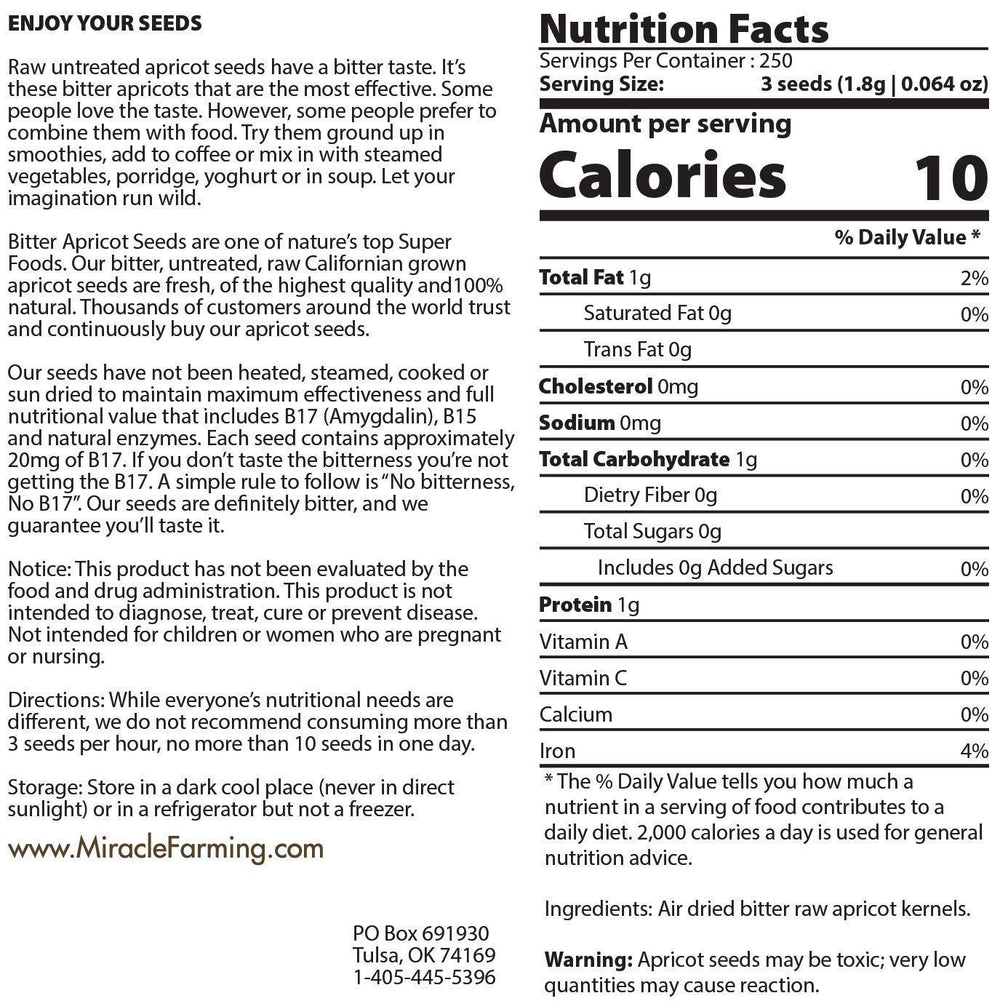 California-grown Miracle Farming apricot seeds in raw and non-GMO form.