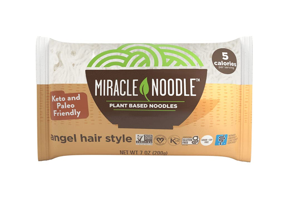 Miracle Noodle Angel Hair pasta front packaging highlights zero calories.