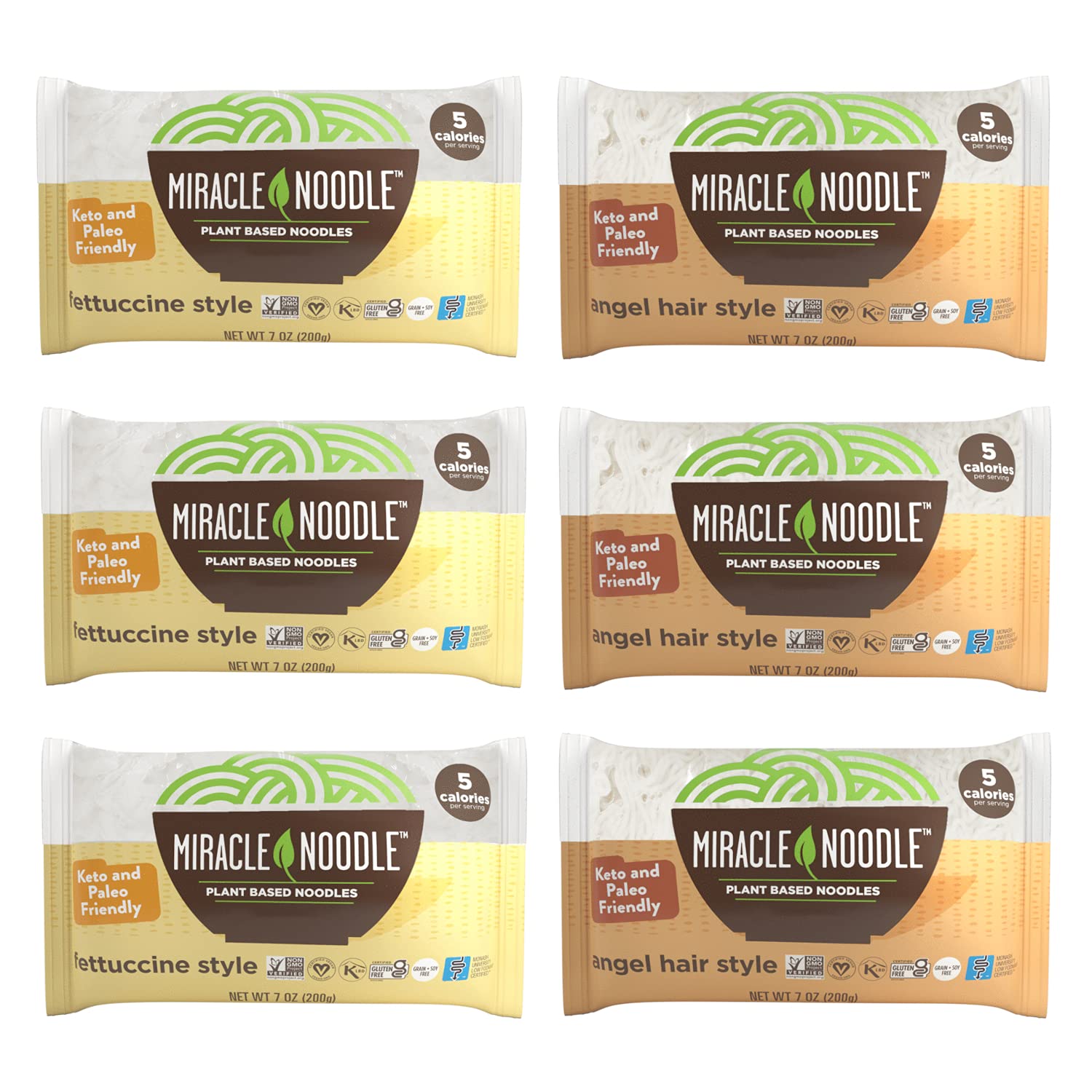 Miracle Noodle angel hair pasta bags show a light, low-calorie option for quick meals.