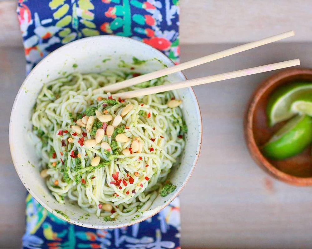 Miracle Noodle Angel Hair pasta in a kitchen setup for meal prep.
