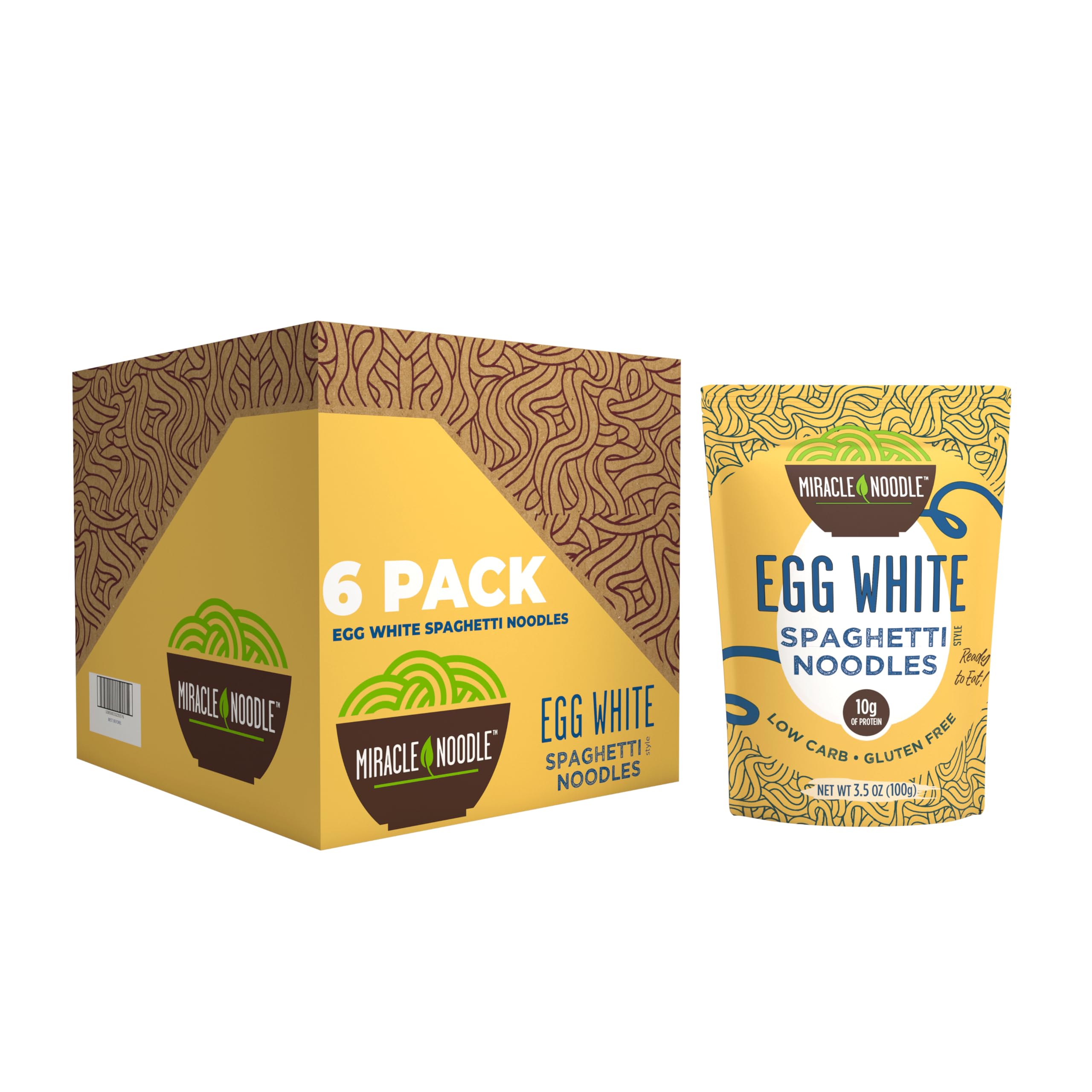 Miracle Noodle Egg White Spaghetti pack (6 bags) highlighting low-carb, high-protein option.