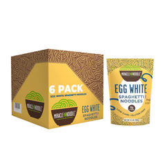 Miracle Noodle Egg White Spaghetti pack (6 bags) highlighting low-carb, high-protein option.
