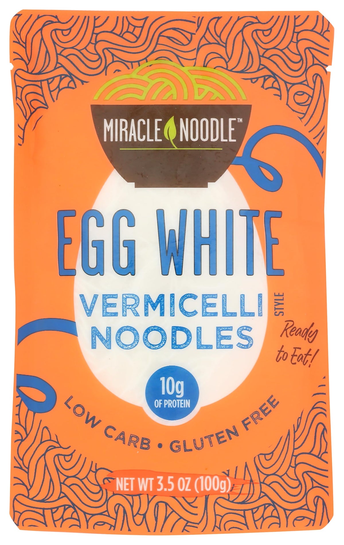 Miracle Noodle Egg White Vermicelli pack opened for ready-to-eat convenience, low-carb.