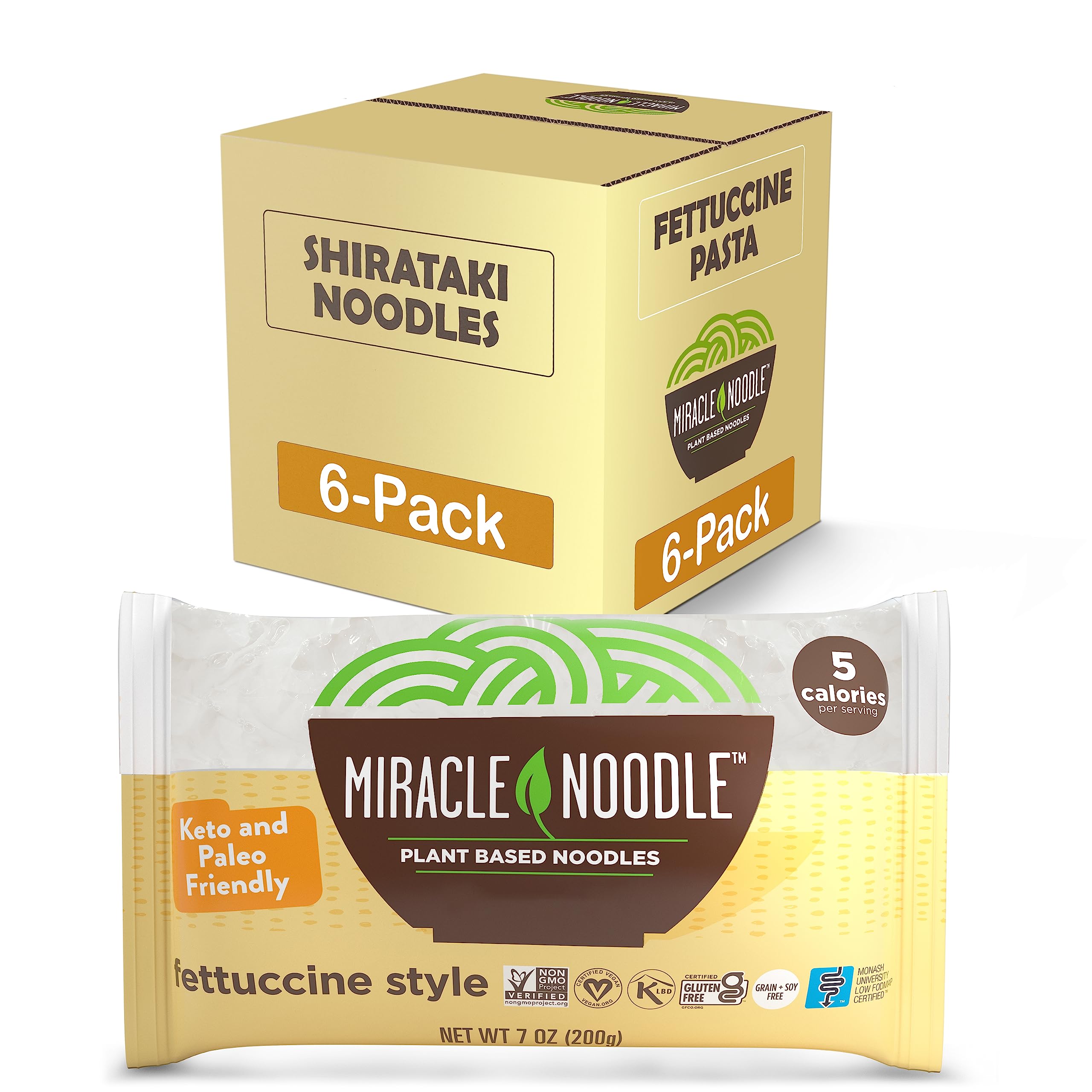 Miracle Noodle Fettuccine Konjac uncooked noodles show zero net carbs and gluten-free goodness.