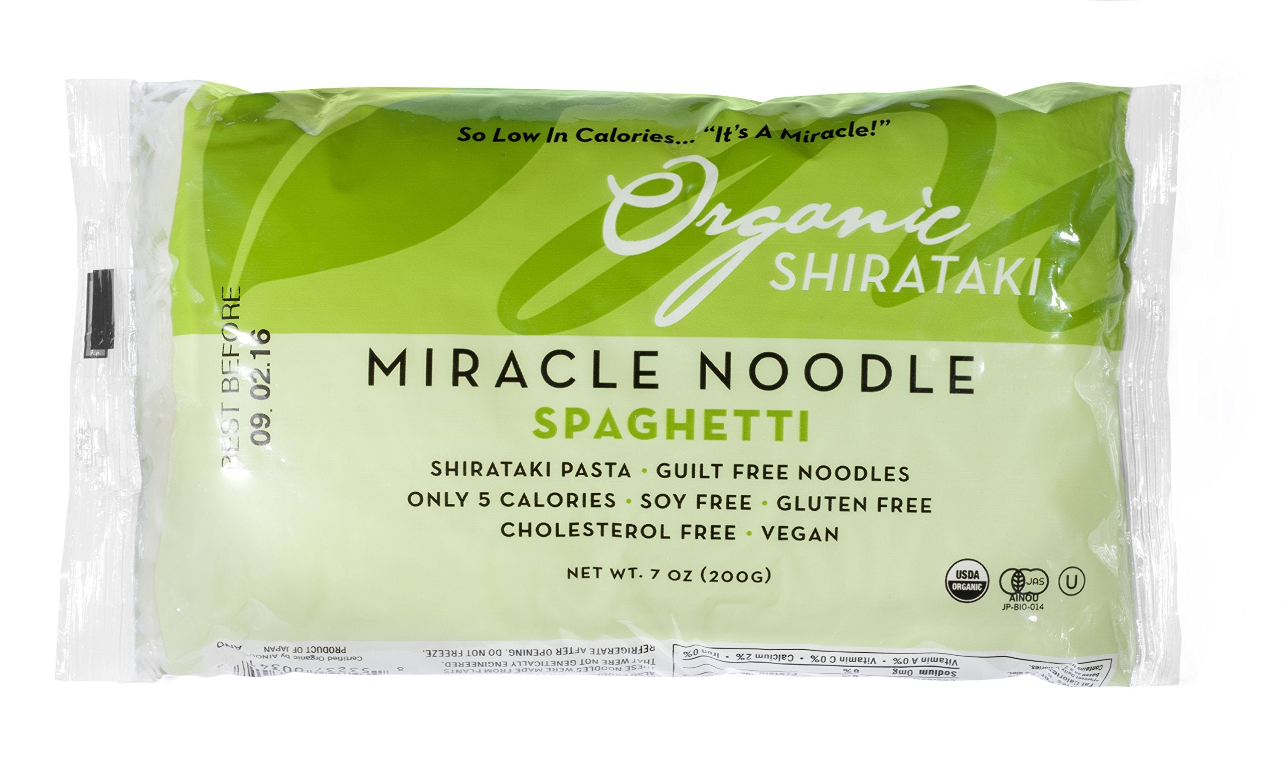 Miracle Noodle Organic Spaghetti packaging highlights keto-friendly, gluten-free pasta.