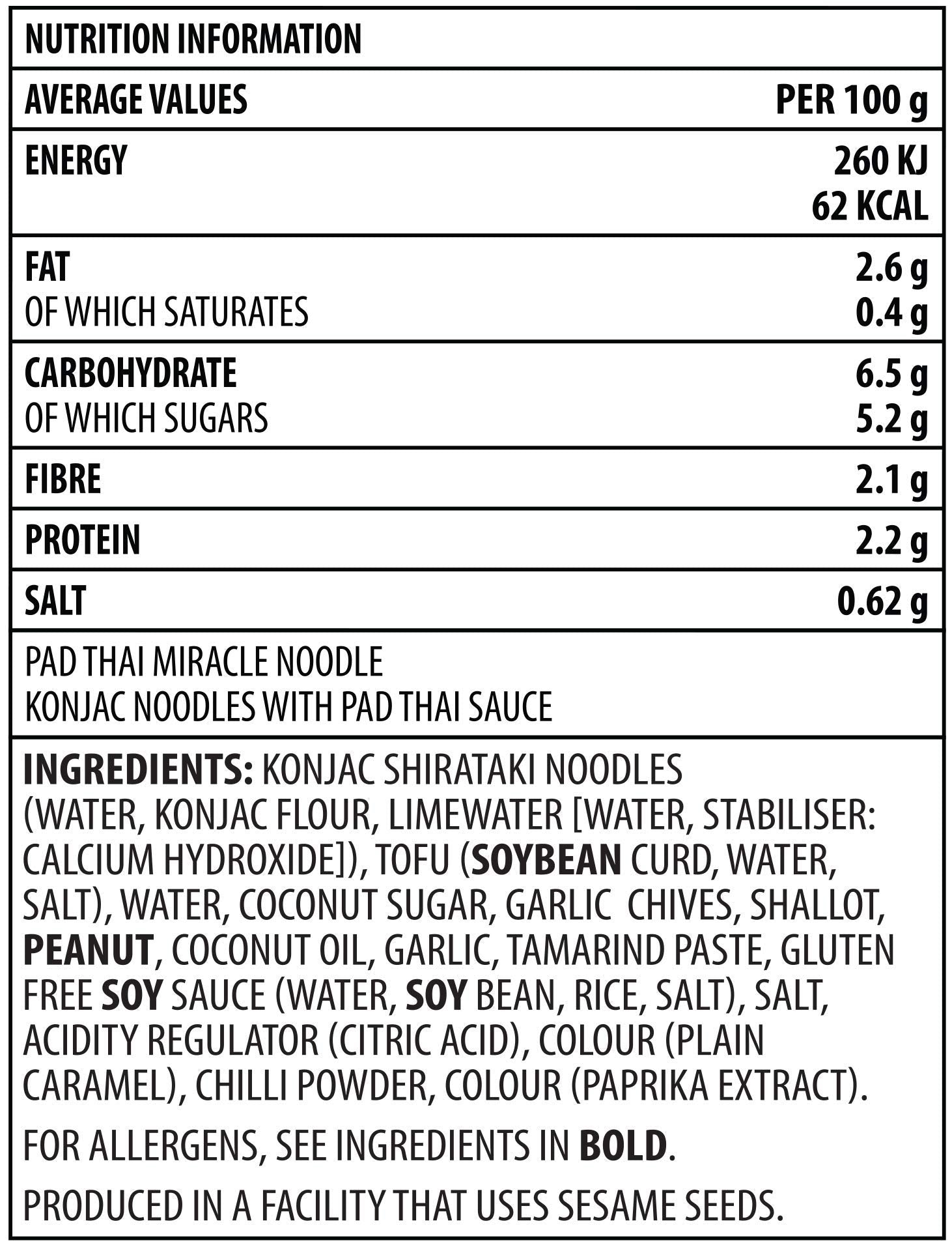 Miracle Noodle Pad Thai packaging close-up highlights ingredients and labeling.