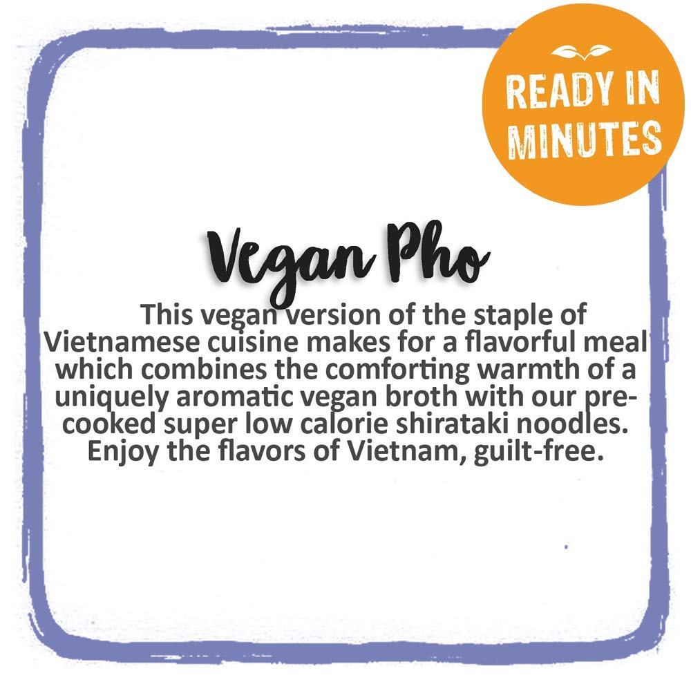 Miracle Noodle Pho Shirataki ingredient panel highlights gluten-free, plant-based noodles.