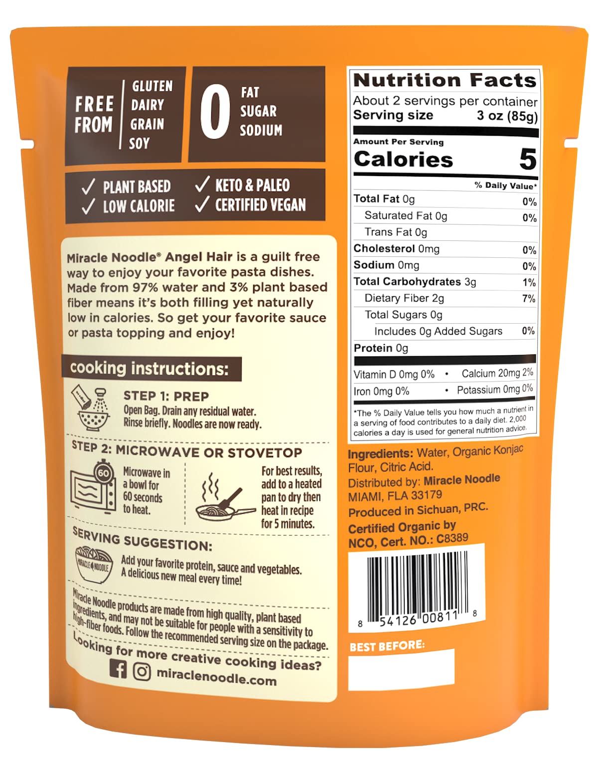 Miracle Noodle angel hair pasta pack back view, gluten-free and vegan friendly packaging.