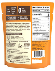 Miracle Noodle angel hair pasta pack back view, gluten-free and vegan friendly packaging.