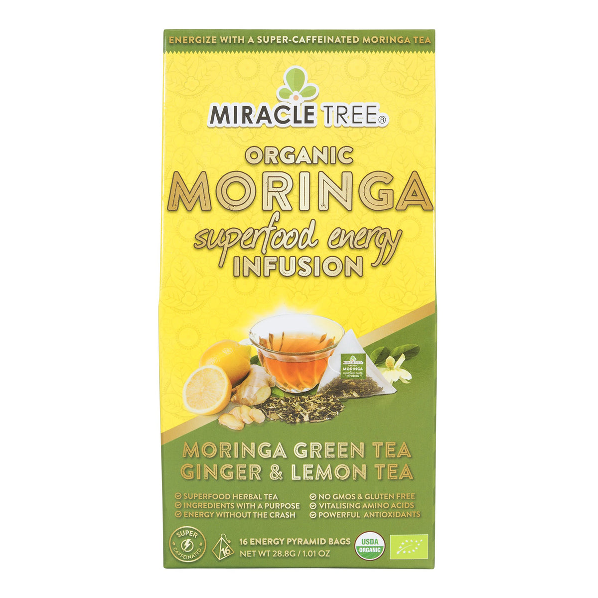 Miracle Tree Moringa Energy Tea pack with green-ginger-lemon flavor for a refreshing boost.