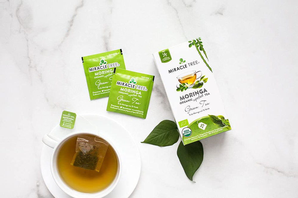 Individually wrapped Miracle Tree Moringa tea bags for travel friendly wellness.