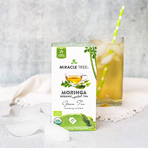 Lineup of Miracle Tree Moringa tea flavors for hot or cold drinks.