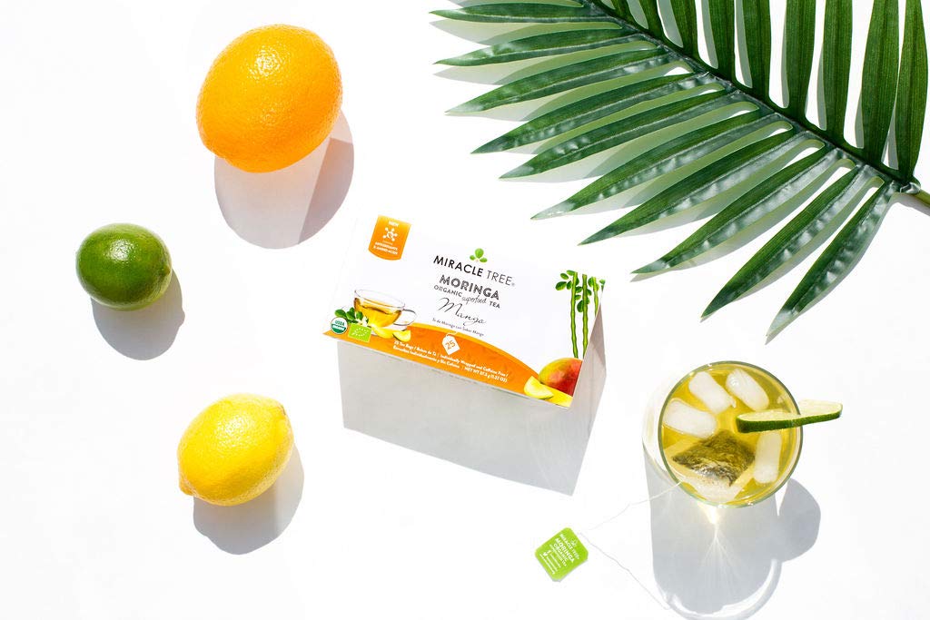 Miracle Tree Moringa Mango label details flavor and brewing notes.