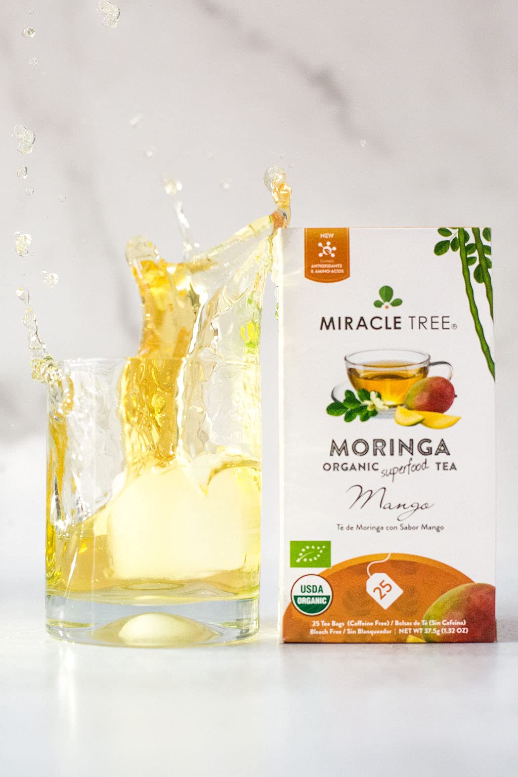Miracle Tree Moringa Mango shelf display highlights eco-friendly packaging.