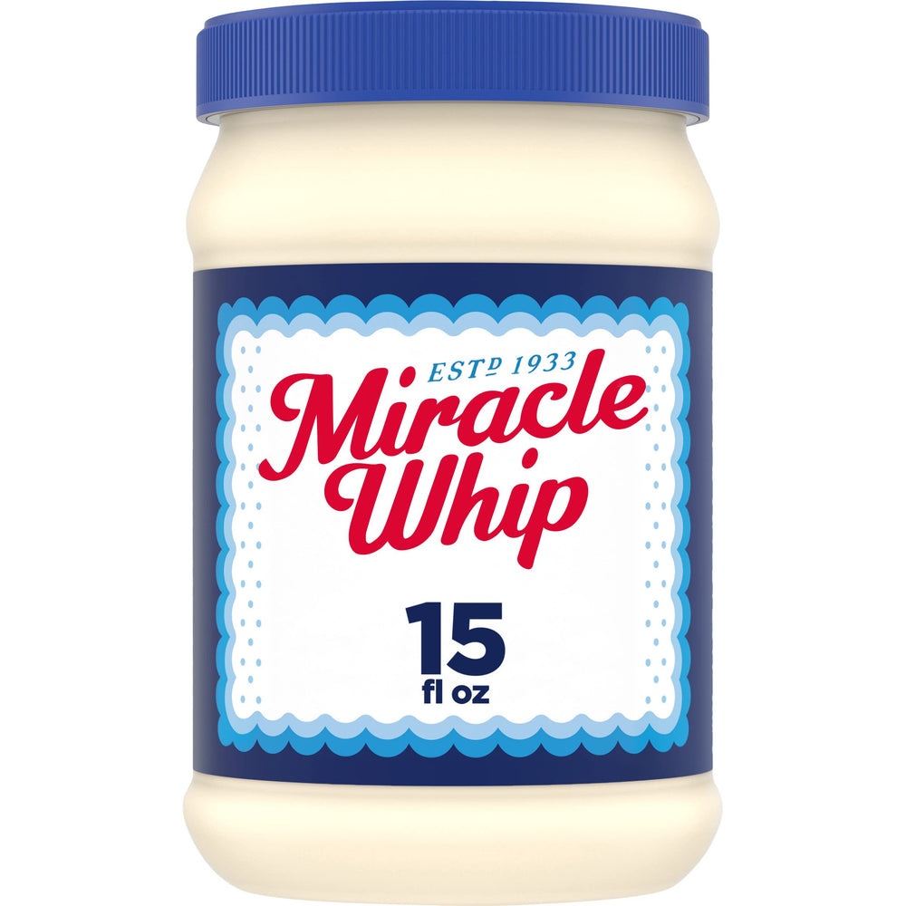Miracle Whip Original dressing jar front showing tangy appeal for sandwiches.