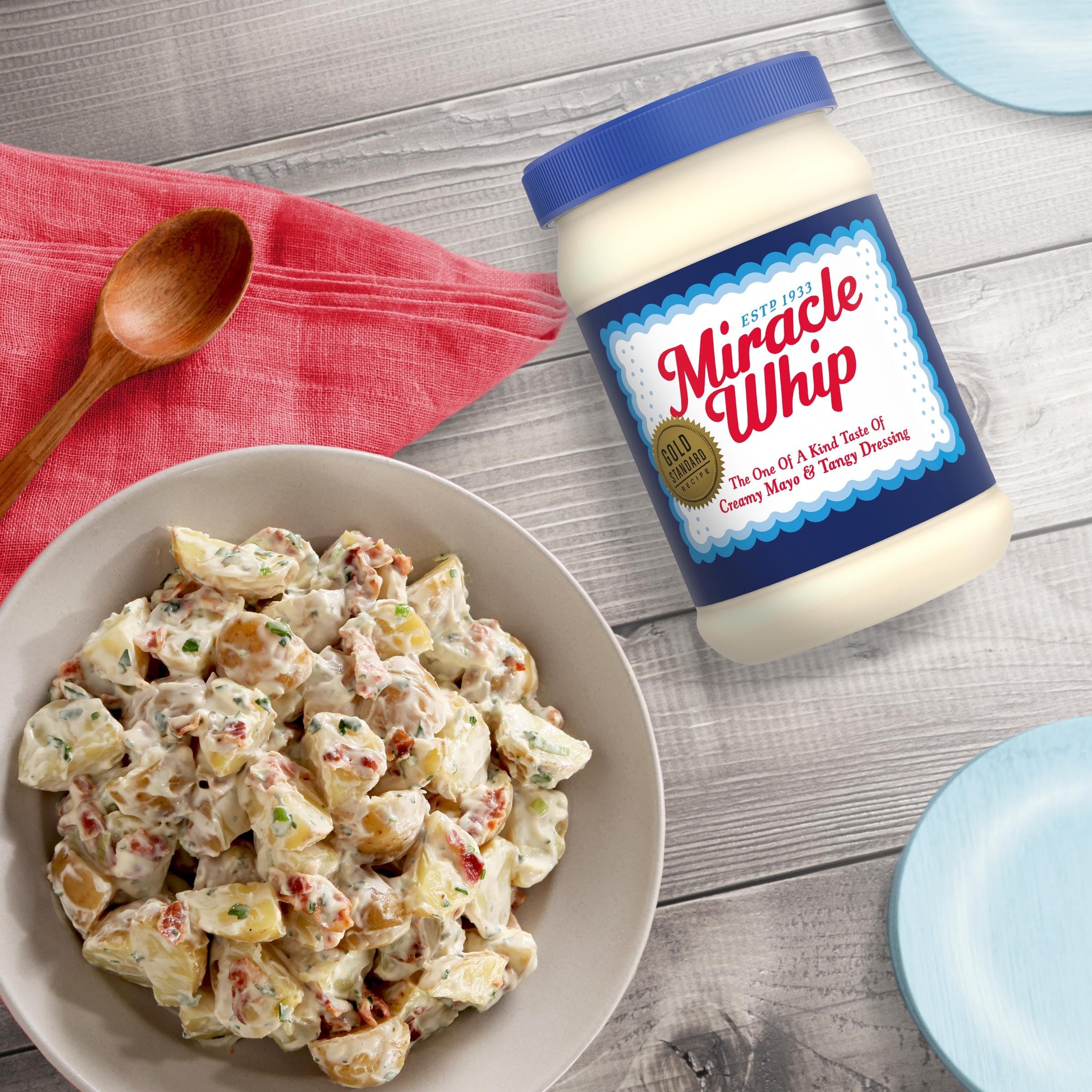 Miracle Whip Original dressing beside kitchen ingredients for recipes.