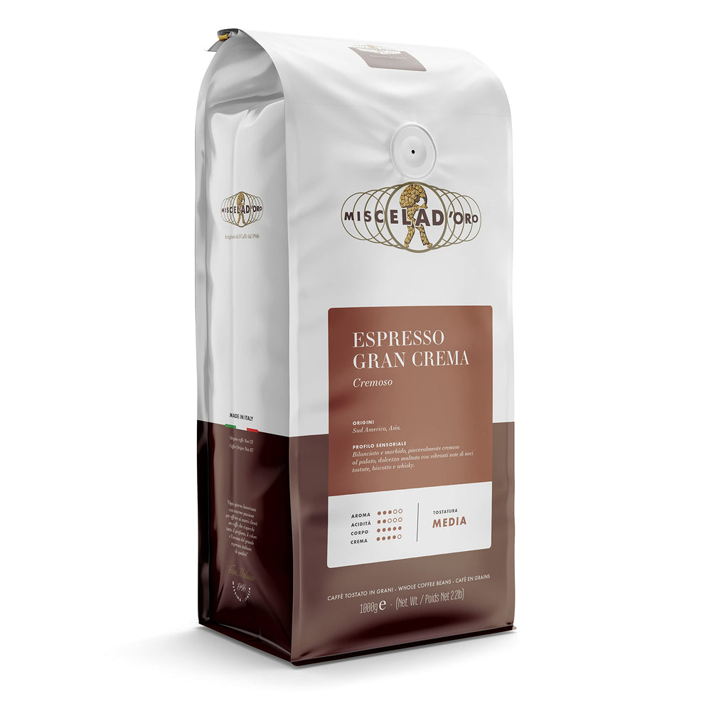 Miscela D'Oro Gran Crema espresso beans offer intense aroma and creamy crema for rich home espresso.