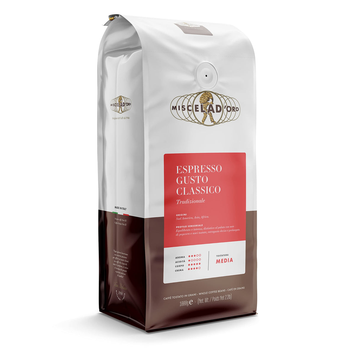Miscela D'Oro Gusto Classico espresso beans deliver rich crema and chocolatey aroma.