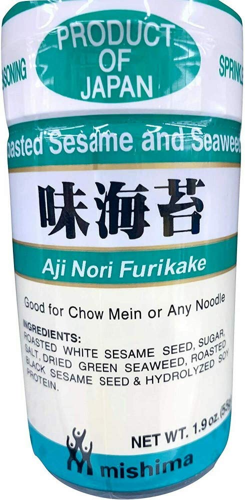 MISHIMA Furikake Aji-nori packet adds savory sesame-seaweed flavor to rice.