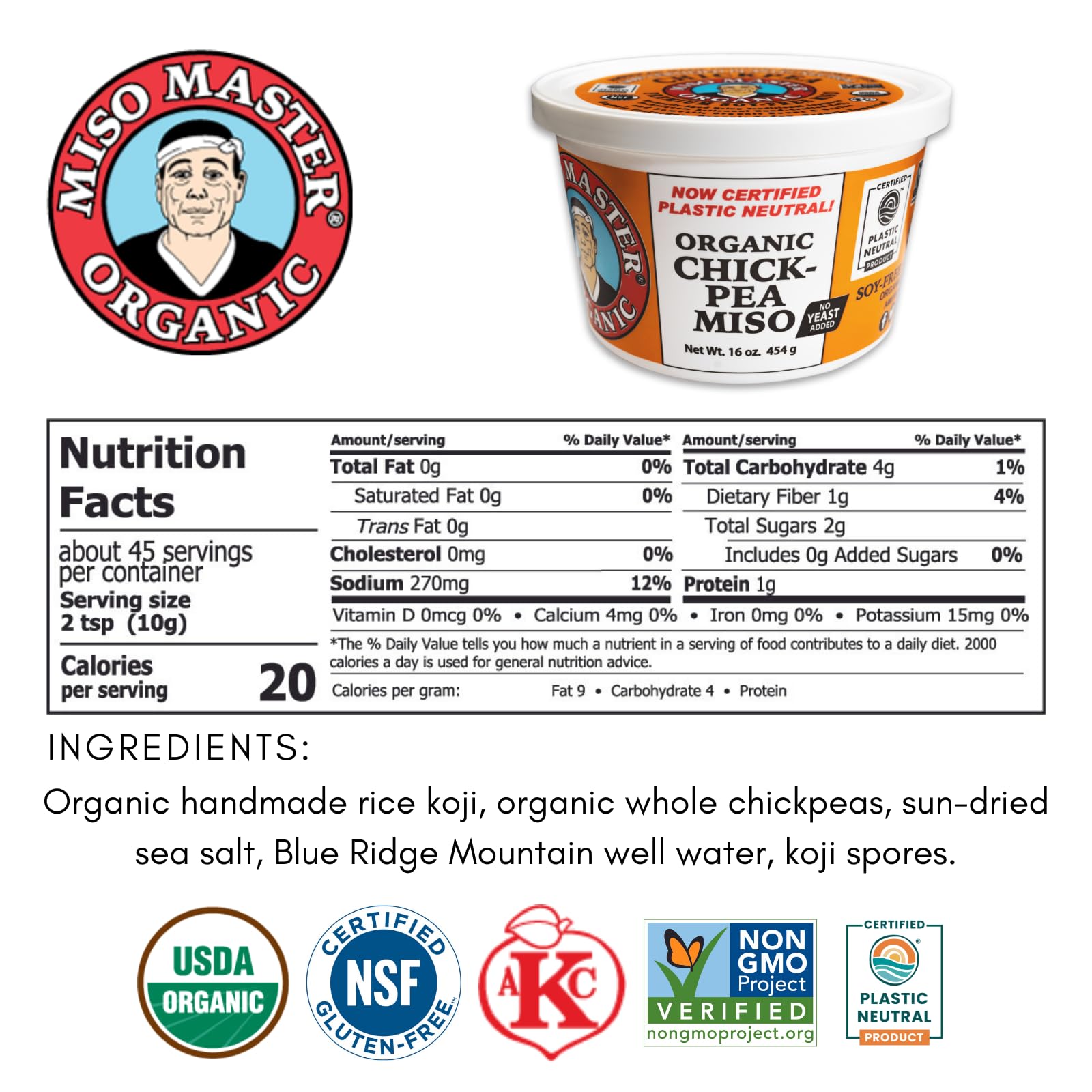 Miso Master Organic Chickpea Miso tub back; organic, non-GMO, gluten-free seasoning.
