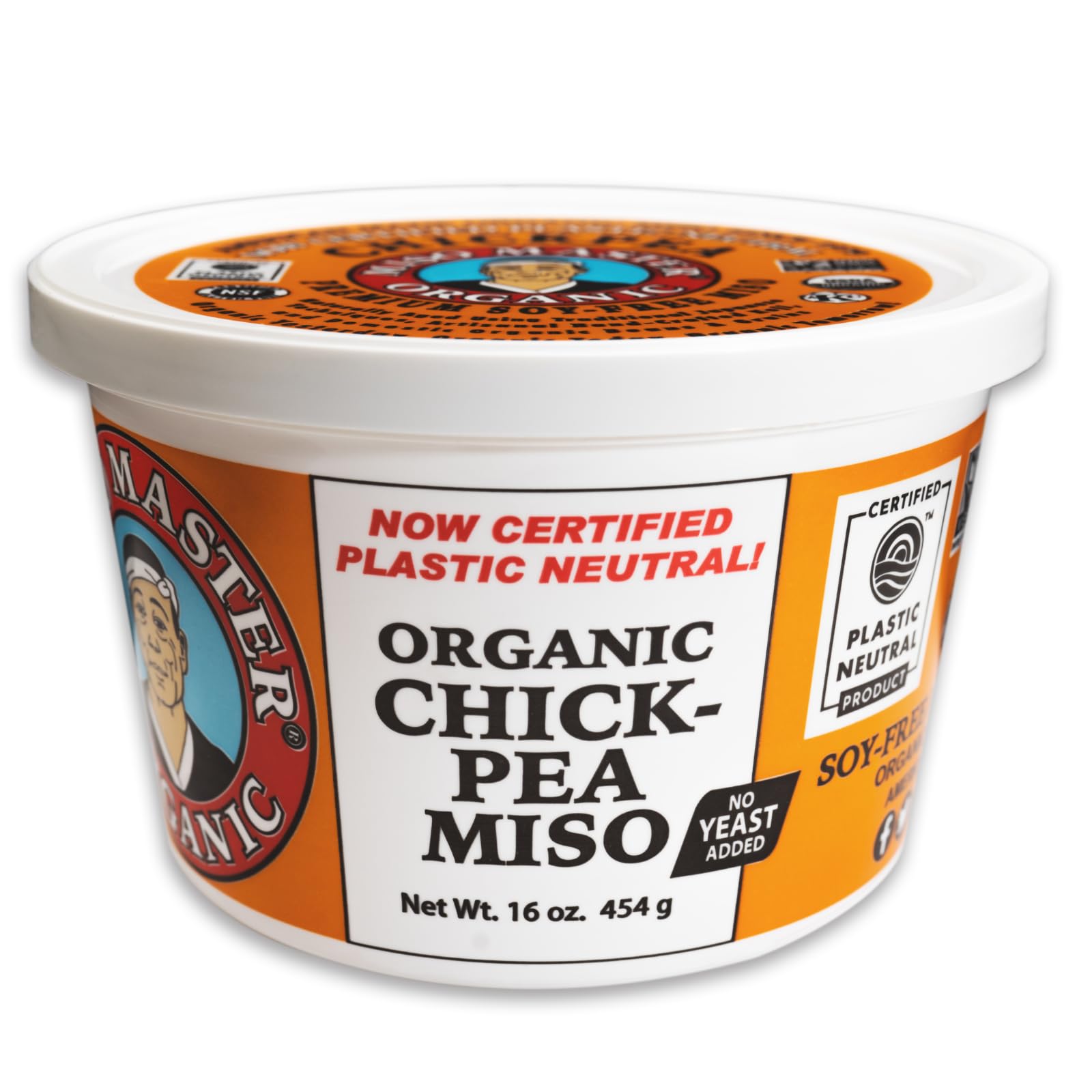 Miso Master Organic Chickpea Miso tub front; soy-free, light umami for soups.