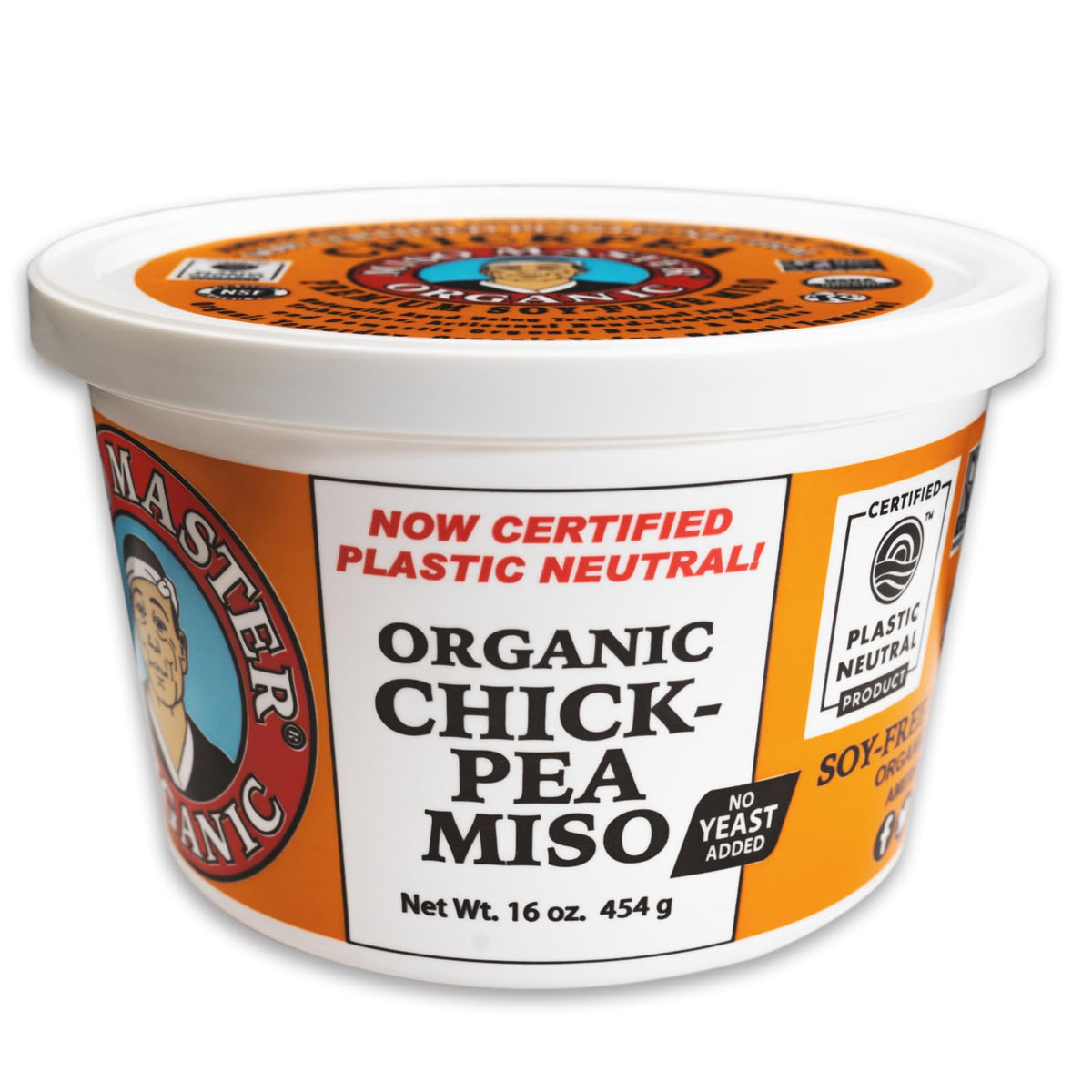 Miso Master Organic Chickpea Miso tub front; soy-free, light umami for soups.