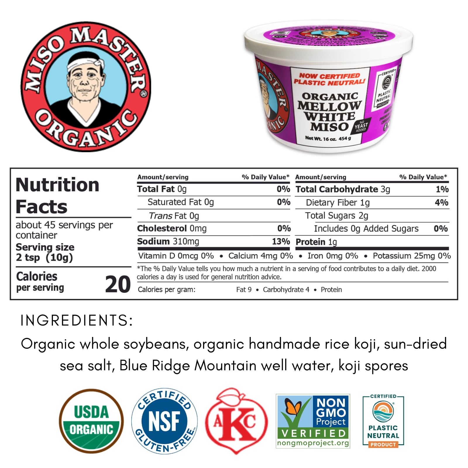 Miso Master Organic Mellow White Miso tub label highlights gluten-free vegan features