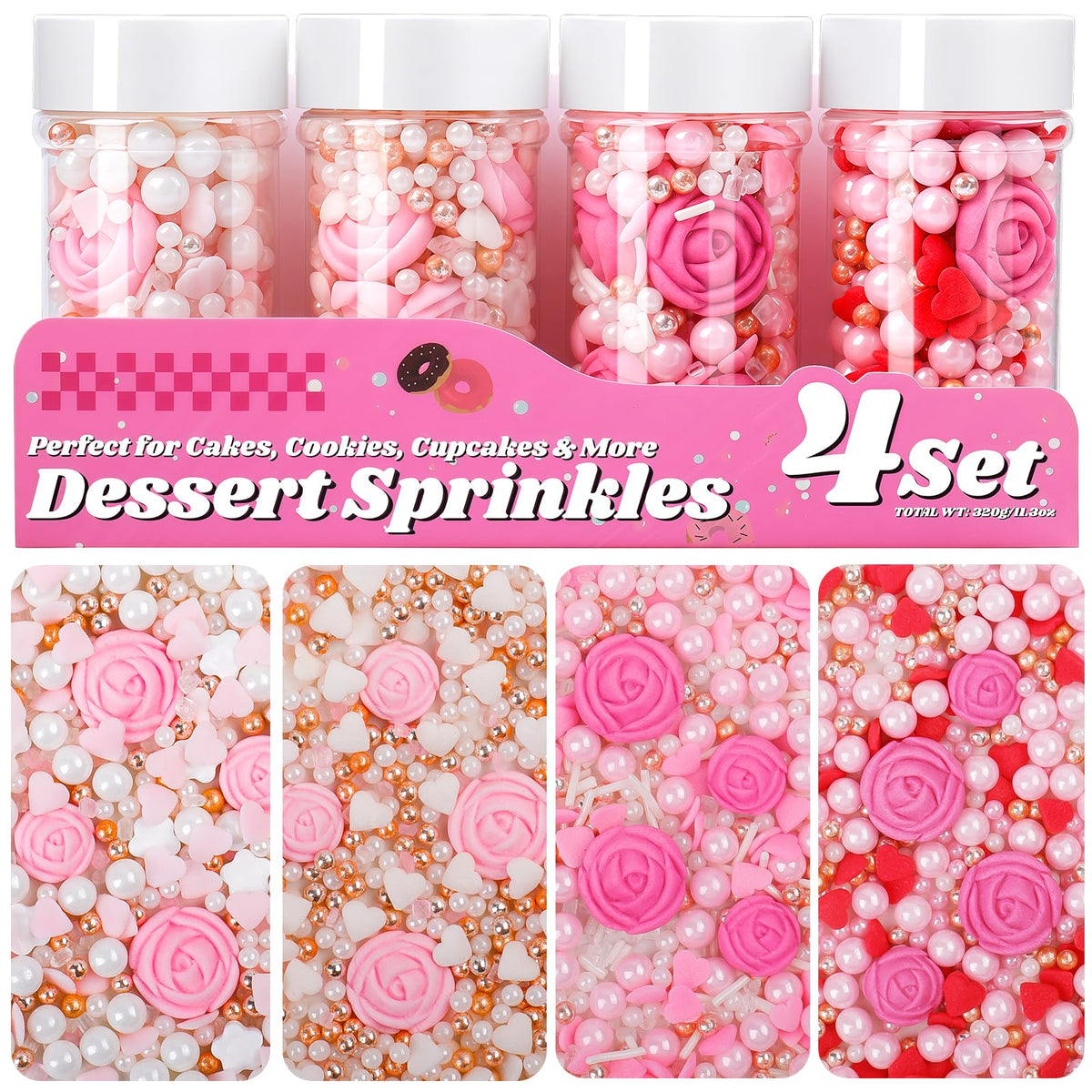 Miss Doozy Flower Sprinkles in pink rose color enhance cupcakes with romantic charm.