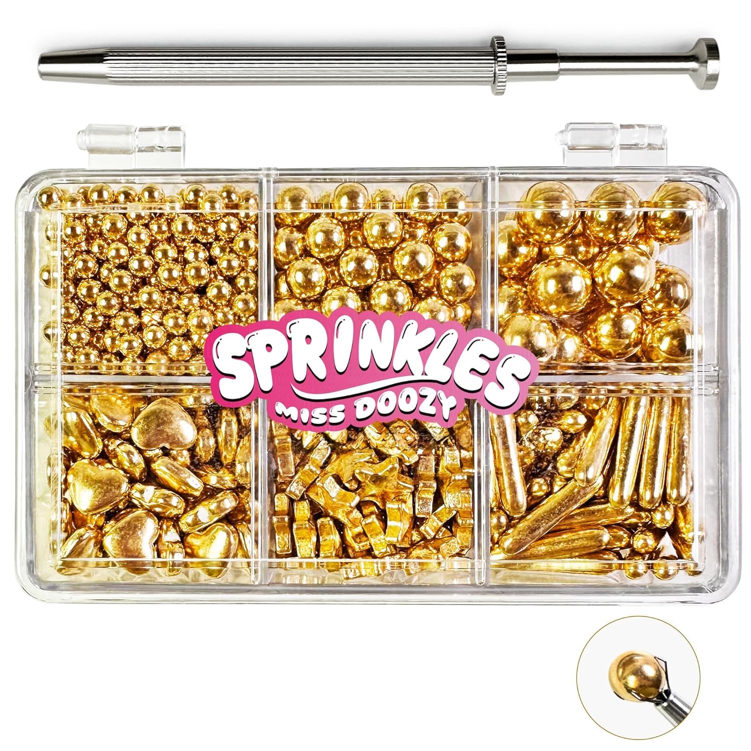 Miss Doozy gold sprinkles with 4-claw tool for precise cake decoration.