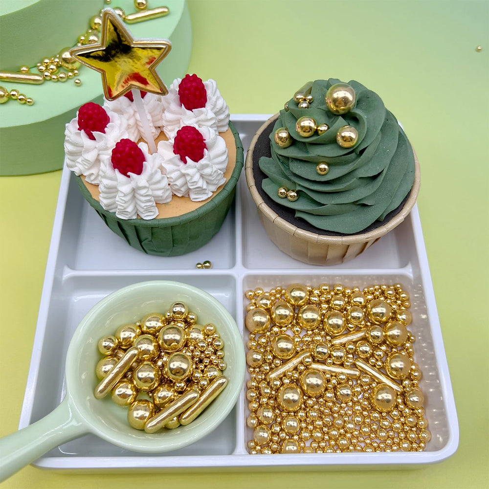 Miss Doozy Gold Sprinkles on cake for opulent decoration at celebrations.