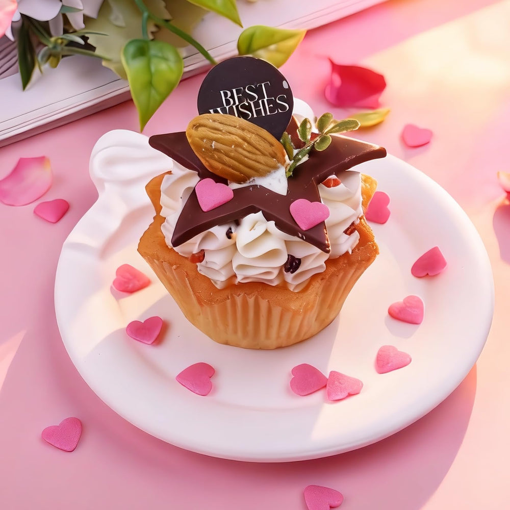 Miss Doozy white heart sprinkles on a dessert, adding subtle charm.
