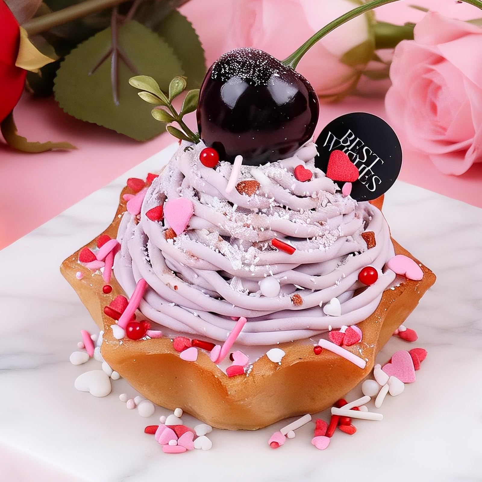Miss Doozy Valentines Sprinkles dessert plate setup with pink, red, white hearts