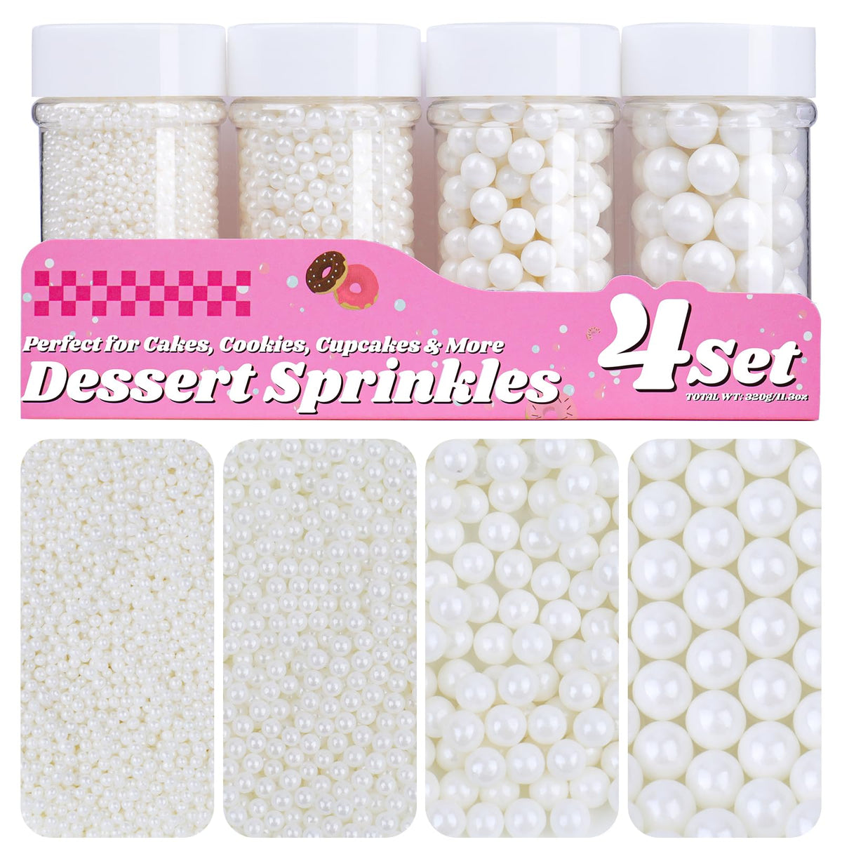Miss Doozy White Pearl Sprinkles 2mm jar for precise cake detailing and refined sparkle.