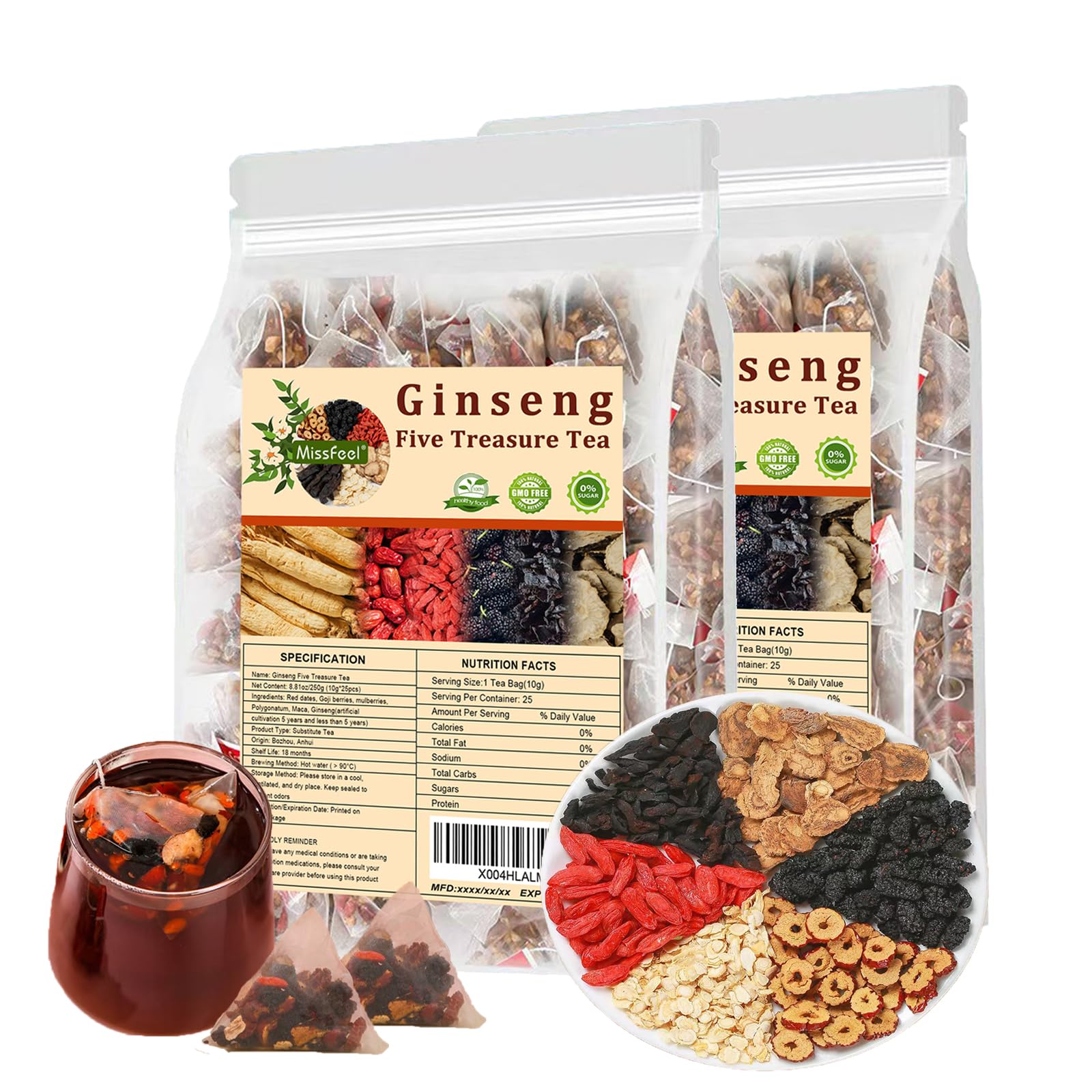Miss Feel Ginseng Five Treasure Tea bags for a convenient daily ritual.