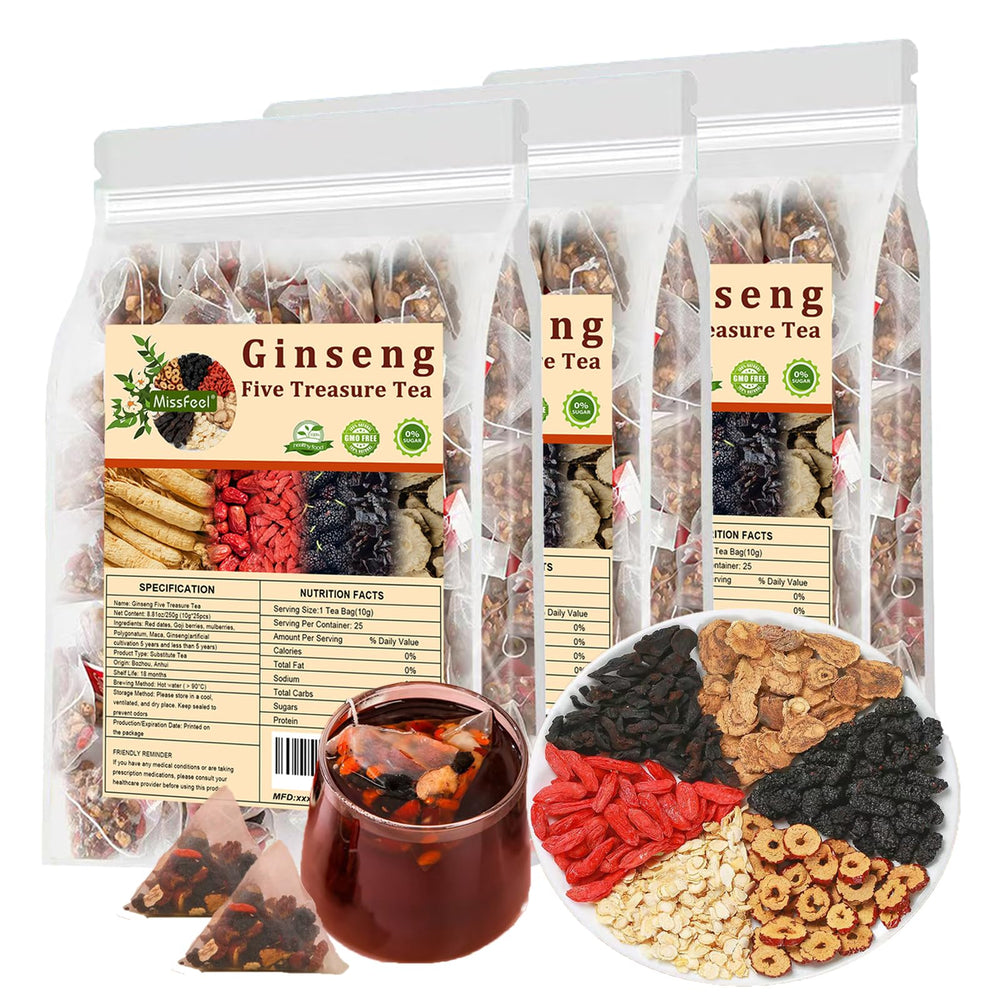 Miss Feel Ginseng Five Treasure Tea pack showing herbal blend for daily use