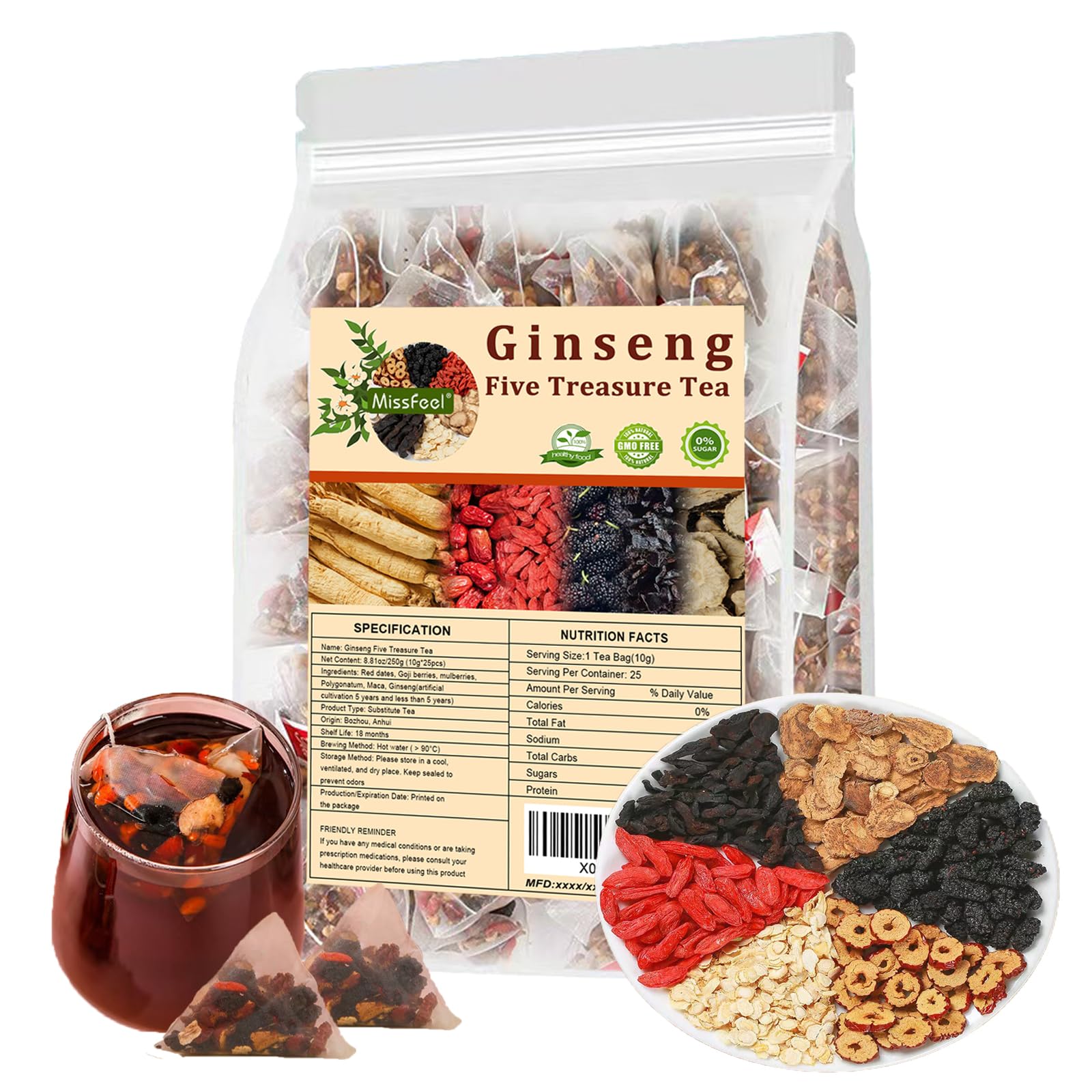 Miss feel Ginseng Five Treasure Tea packaging shows the organic herbal blend for daily wellness