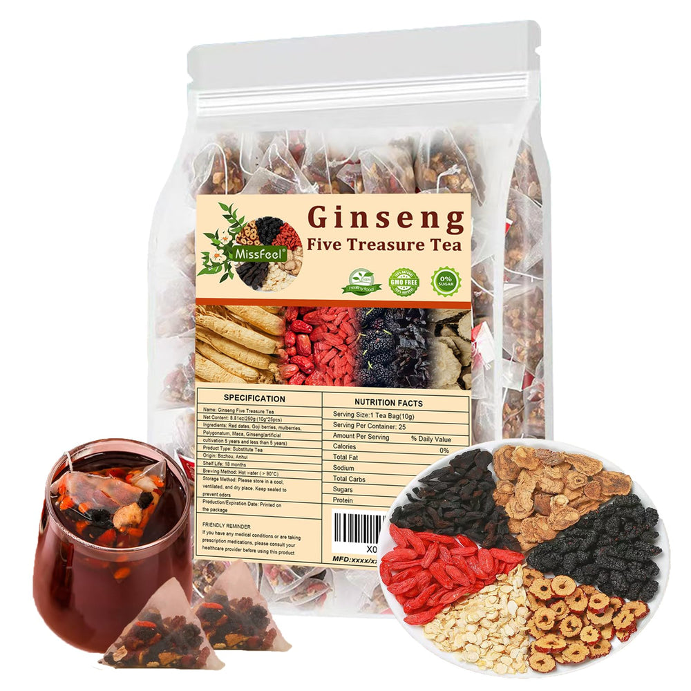 Miss feel Ginseng Five Treasure Tea packaging shows the organic herbal blend for daily wellness