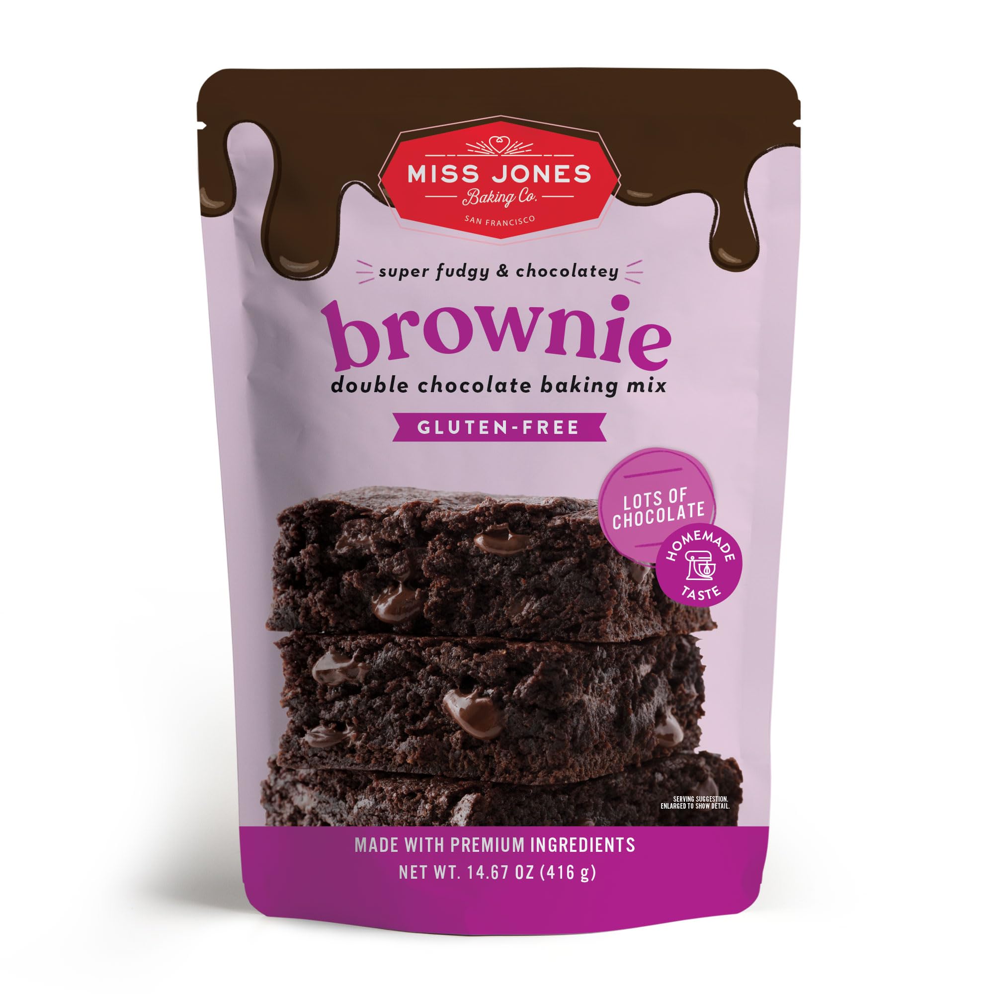 Miss Jones Gluten-Free Brownie Mix box with extra chocolate chips and a gluten-free recipe.