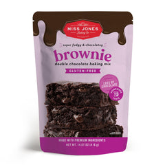 Miss Jones Gluten-Free Brownie Mix box with extra chocolate chips and a gluten-free recipe.