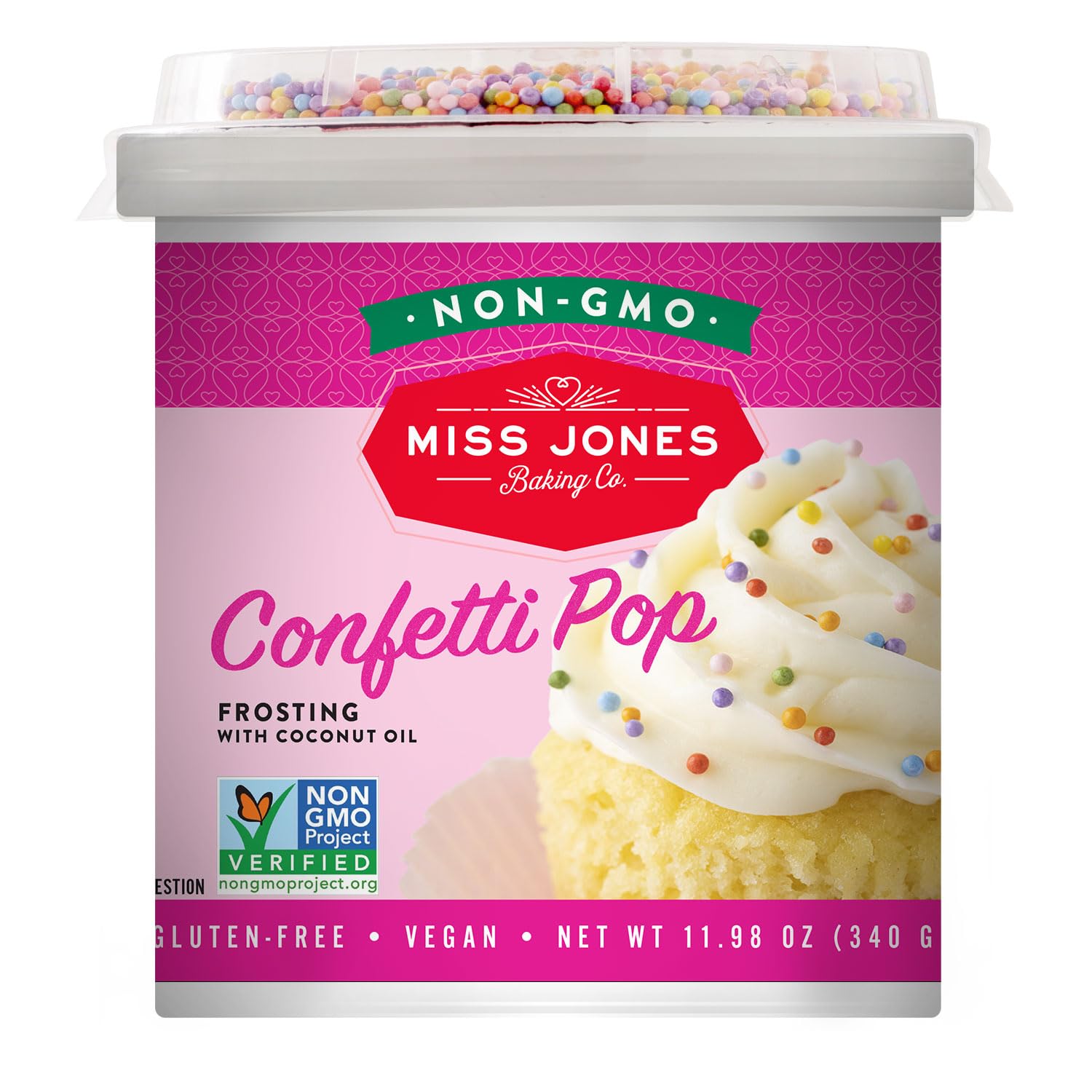 Miss Jones Confetti Pop frosting container with vibrant sprinkles, ideal for cupcakes.