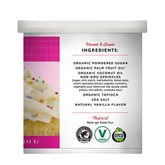 Miss Jones vegan frosting label close-up, showcasing non-GMO ingredients and clean packaging.
