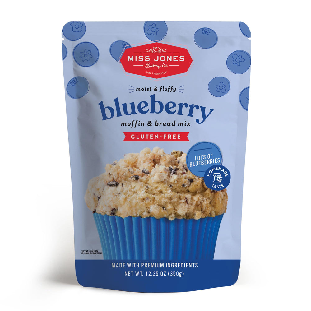Miss Jones Baking gluten-free blueberry muffin mix pack with real blueberries for a quick breakfast.